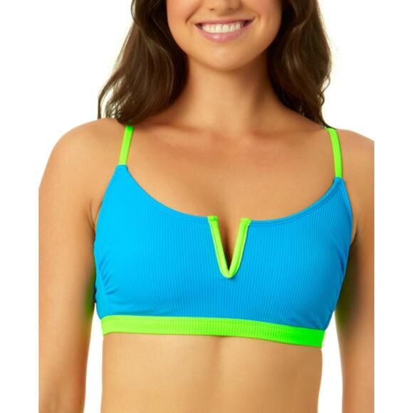 NEW Salt & Cove V-Wire Blue Lime Green Ribbed Bikini Top Size Large L Shelf Swim - Picture 1 of 13